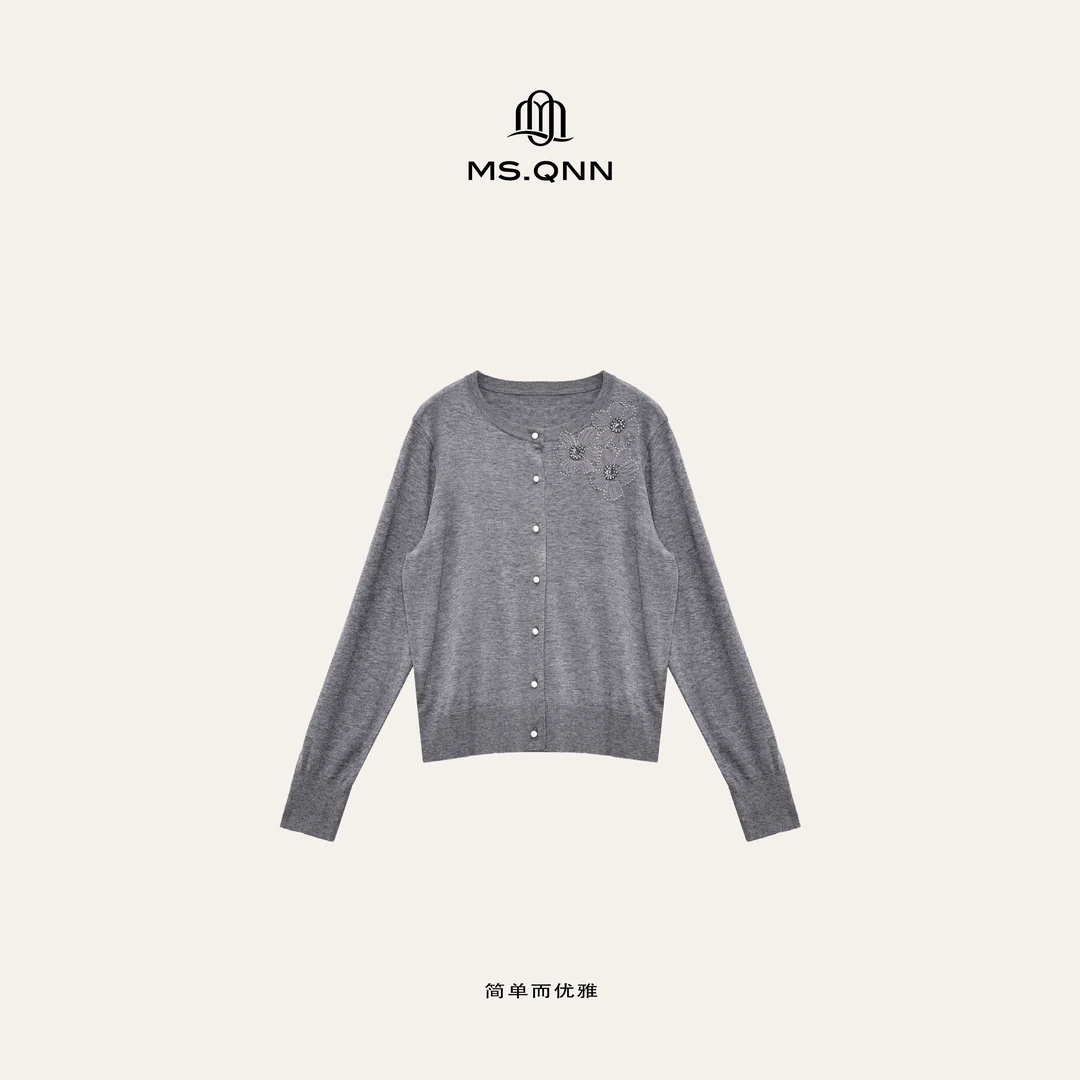 Ms.Qnn“手工开衫”重工网纱花朵钉珠气质真丝针织开衫 39C379 Q姐
