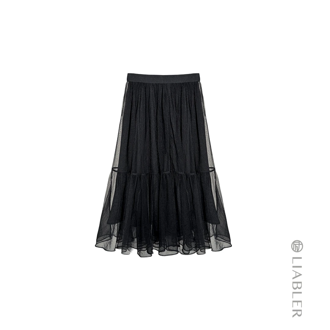 LIABLER X25春夏法式波浪拼接橡筋腰网纱裙 LSS25521H