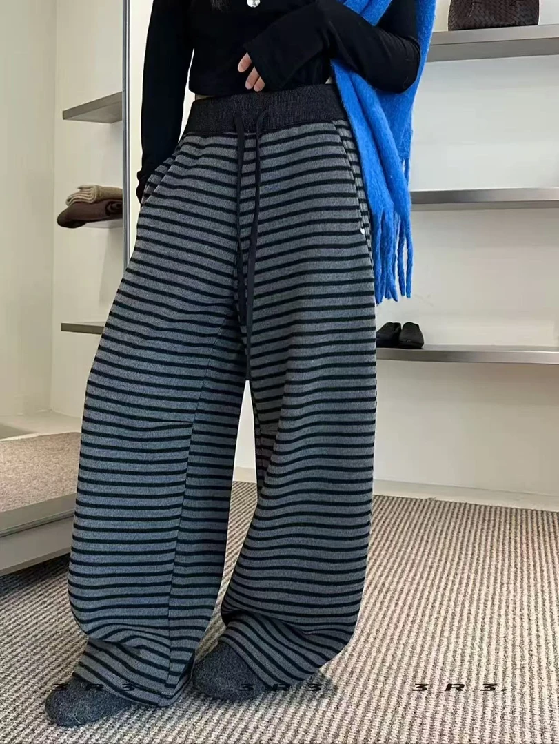 【加绒+加厚~欧阳柳定制版】抽绳条纹休闲宽松垂感显瘦条纹弯刀裤