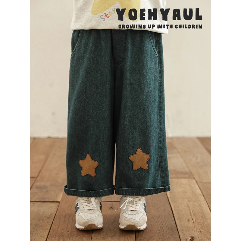 幼悠 【趣味卡通】春壹波女童宽松直筒春秋五角星牛仔长裤潮  C3122