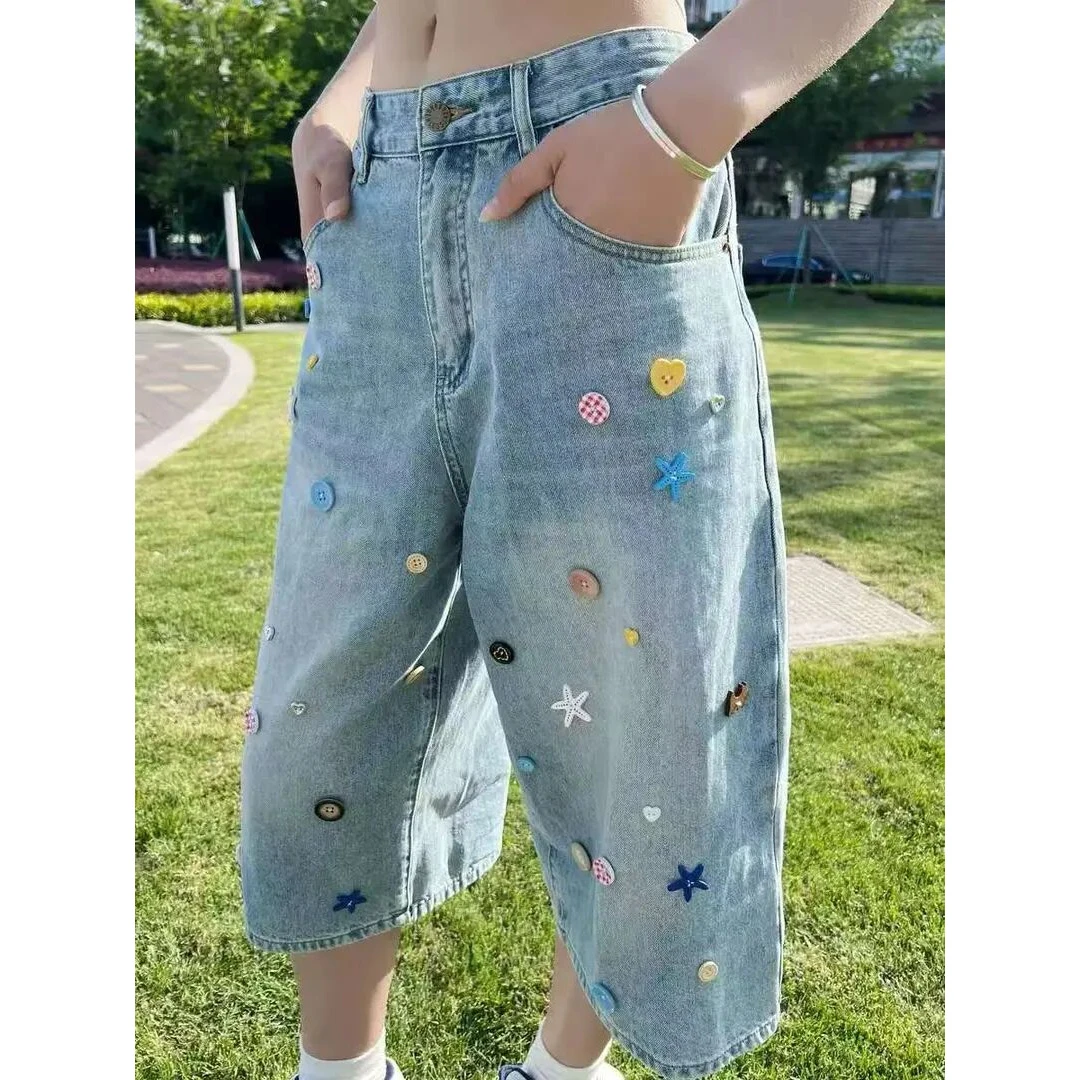 美式复古水洗浅蓝色七分牛仔裤男2025夏季新款宽松设计感阔腿短裤