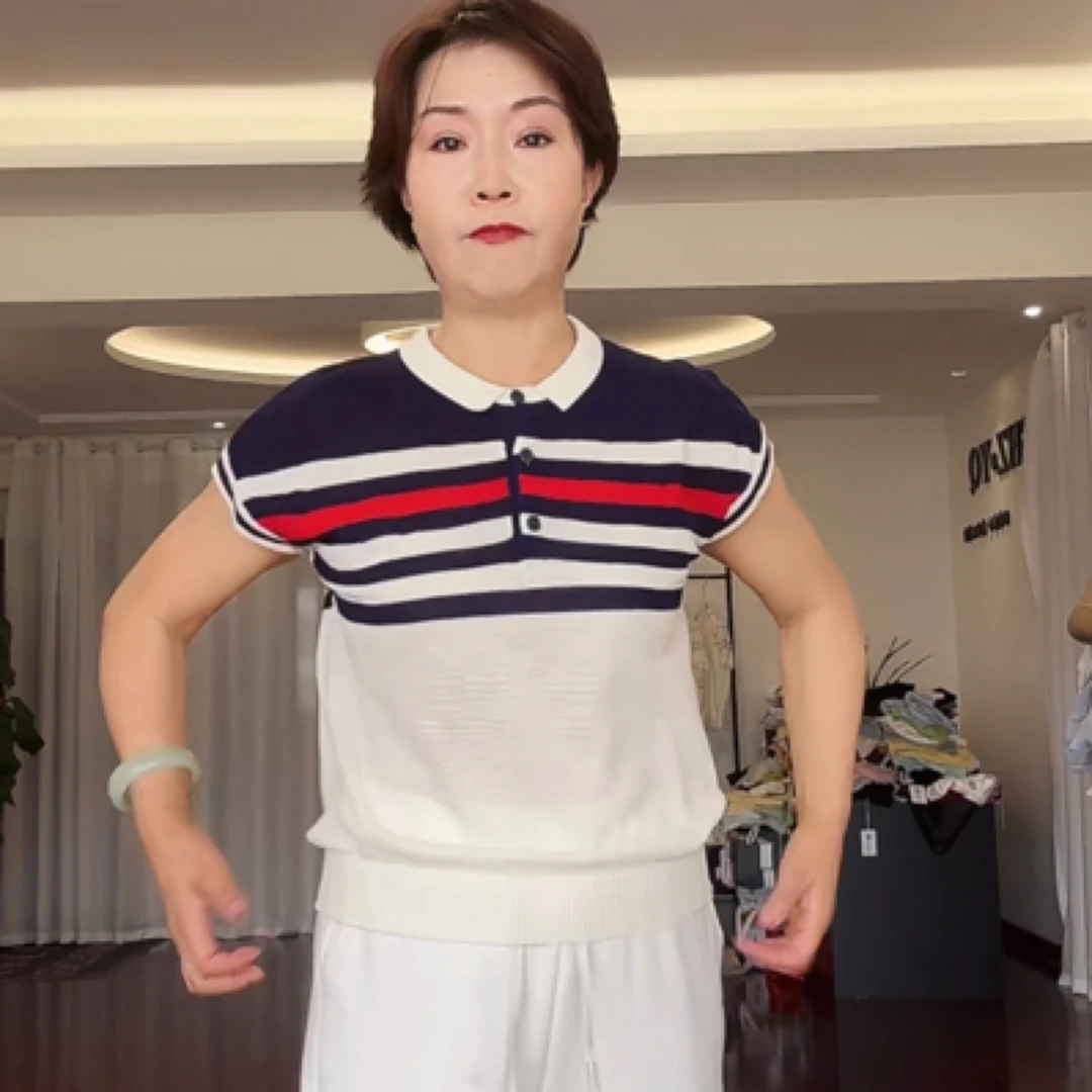 【葛行长定制】重工提花设计感翻领撞色条纹短袖针织衫YC-F053