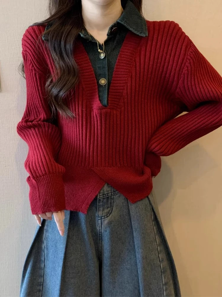 高级感红色拼接牛仔衬衣女秋冬大码胖mm遮肚假两件针织打底衫上衣