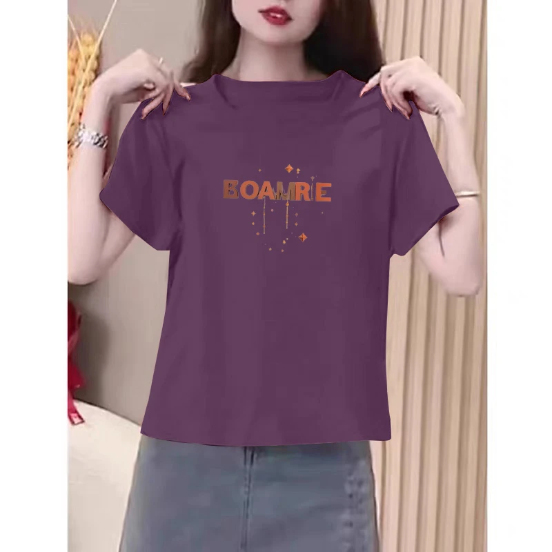 正肩紫色短袖t恤女士夏季修身圆领大码体恤小众字母印花上衣ins潮
