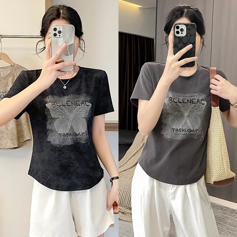夏季新款洋气t恤蝴蝶设计感不规则圆弧短袖百搭时尚修身显瘦上衣