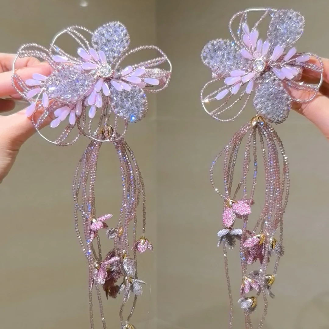 莫奈蝶雨花高定璀璨花朵弹簧夹定制款流苏高级感发饰