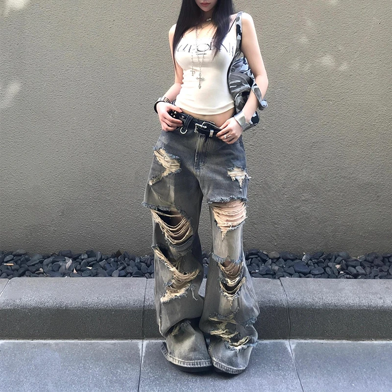 废土做旧复古水洗高街破洞牛仔裤女夏季新款小众设计感乞丐阔腿裤