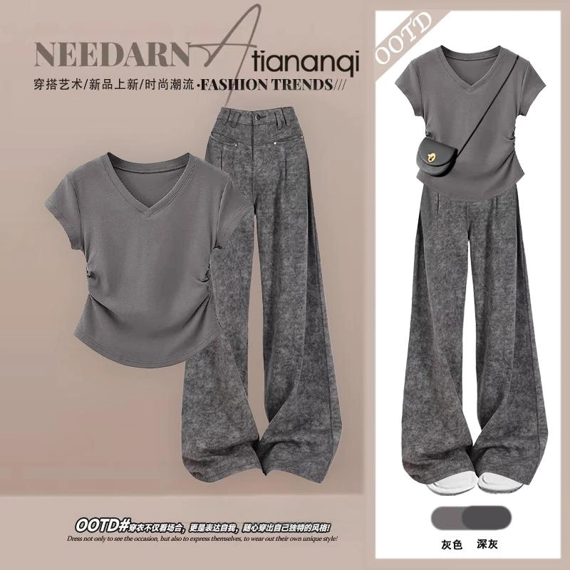 夏季穿搭一整套女2025新款时尚正肩短袖T恤显瘦休闲阔腿裤两件套
