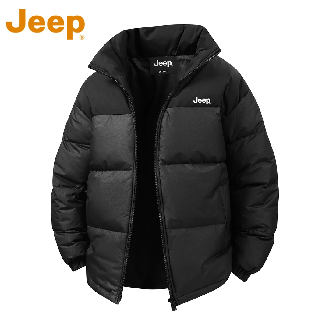 JEEP吉普黑色拼接立领羽绒服男款冬季2025新款宽松加厚保暖防寒服