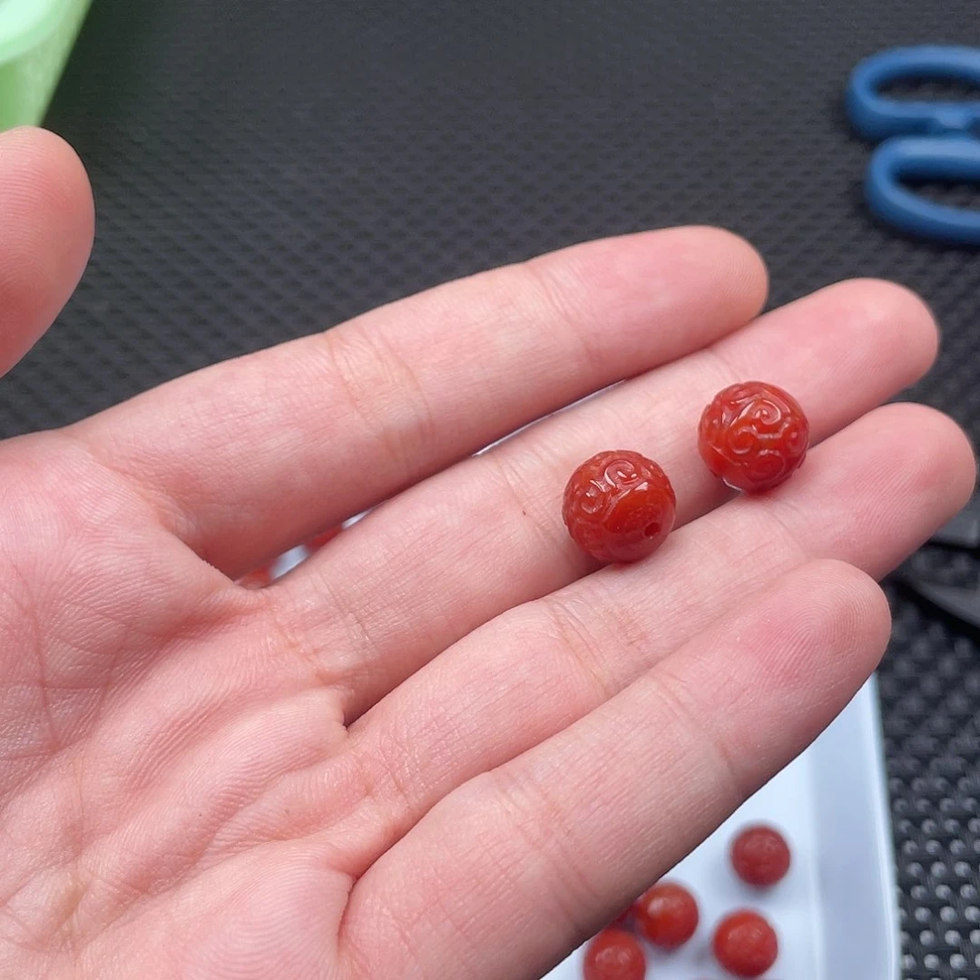 南红玛瑙11mm柿子红回纹珠一组2颗未镶嵌