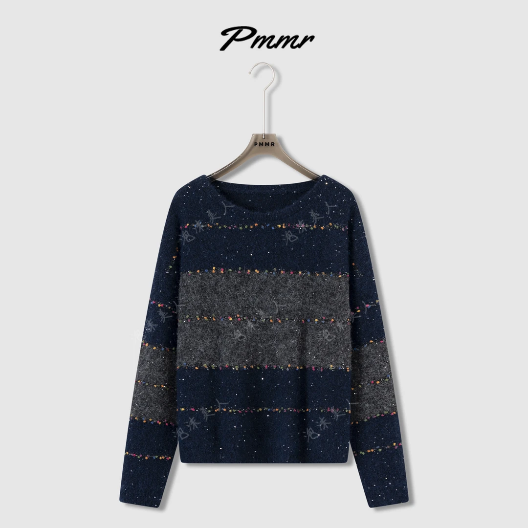 【彩豆亮片】慵懒风彩球秋冬新款圆领拼色宽松针织衫女毛衣百搭潮