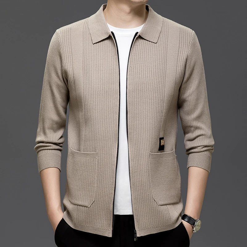 秋冬新款时尚针织开衫男士商务休闲百搭修身纯色翻领外穿毛衣外套