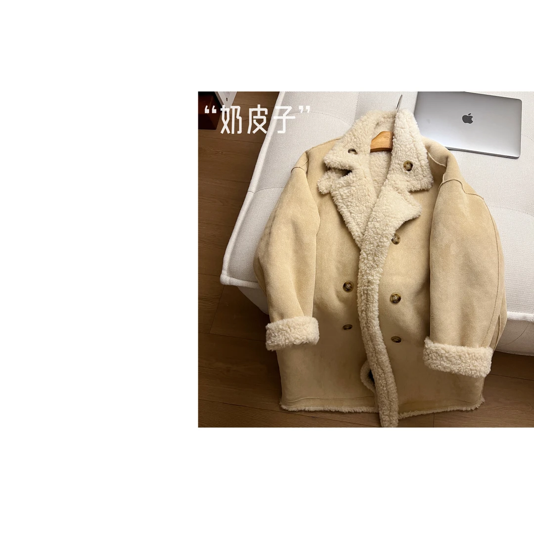 （奶皮子）多利原创文艺风简约中长款两面穿羊羔毛外套