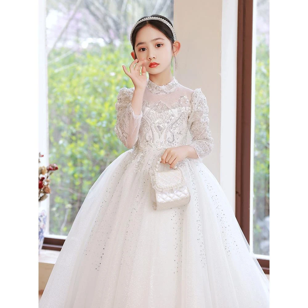 儿童高端晚礼服白纱小女孩钢琴演出服花童公主女童主持人长袖冬