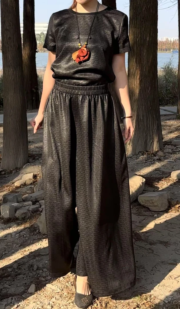 【涟漪】香云纱 桑波缎双面穿阔腿裤 满分蚕丝