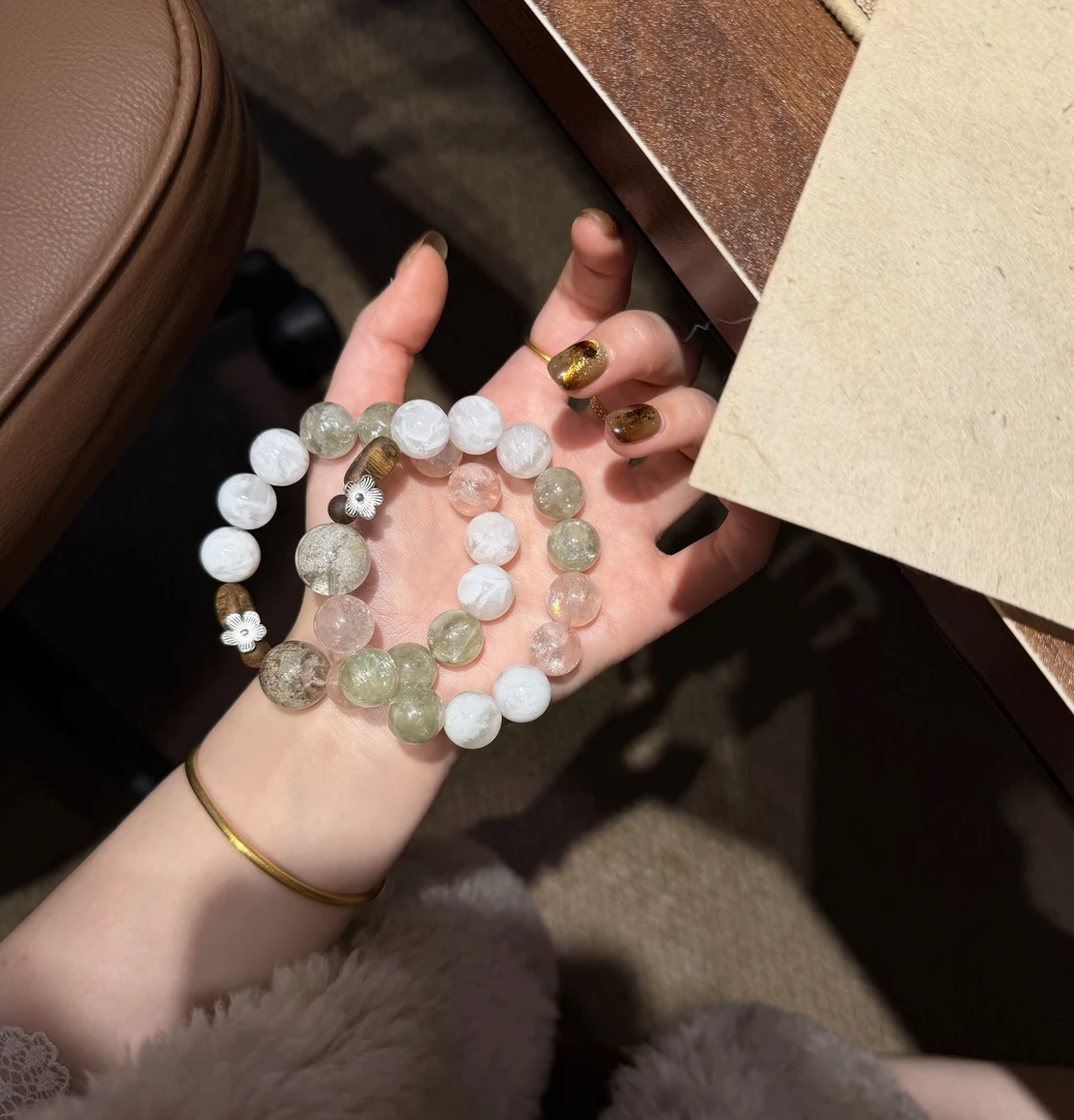 925银手链 《松林少女》白雪花绿祖母手串 K94