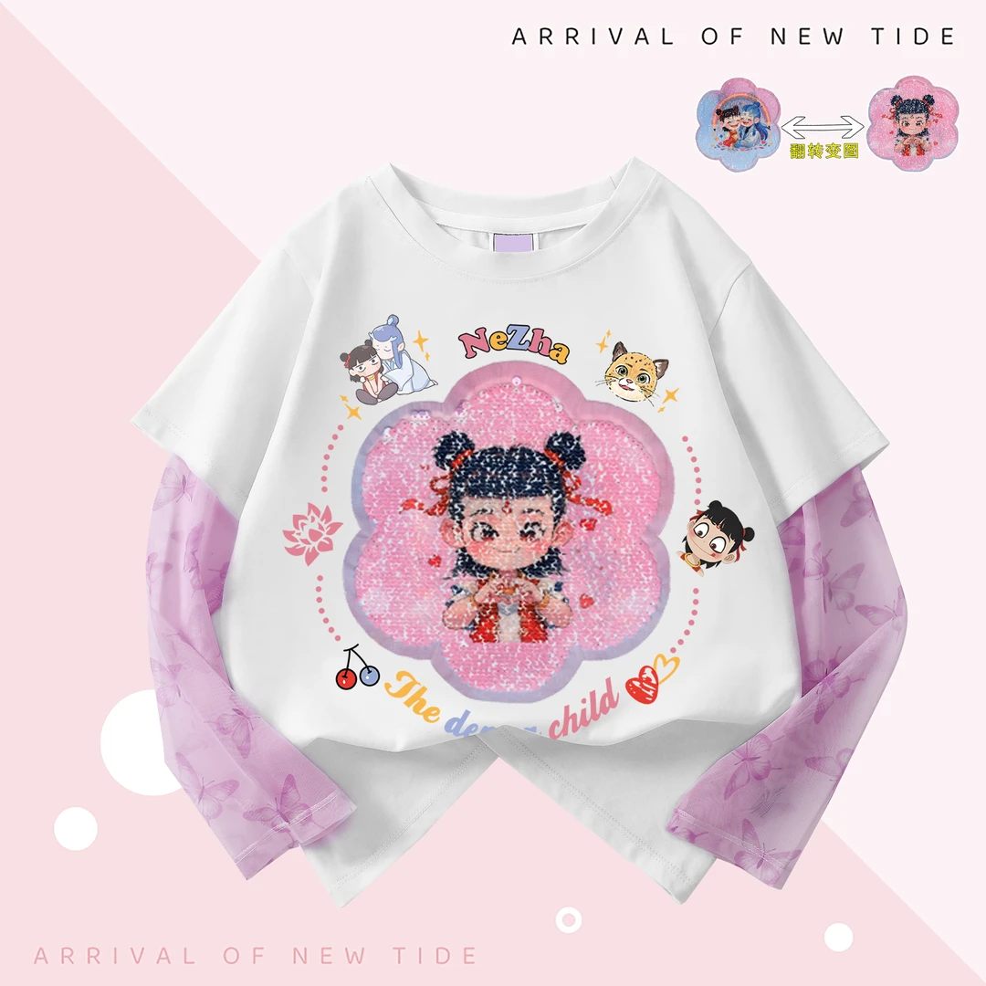2025新款哪吒衣服亮片可变脸女童纯棉长袖冰感凉感防晒上衣夏装潮