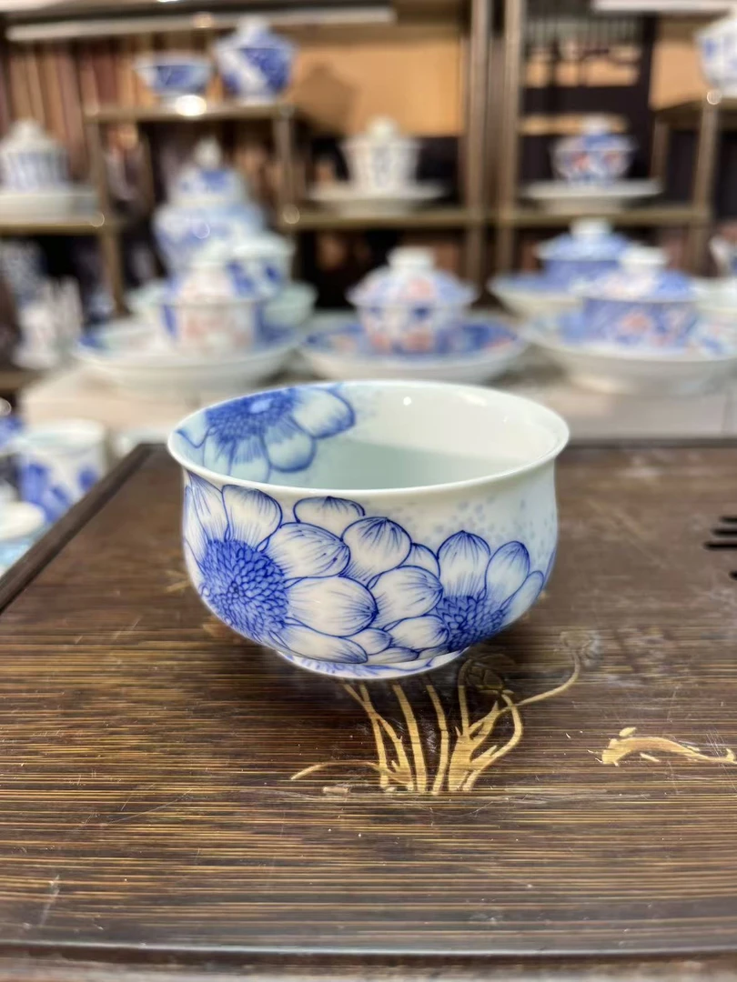 景德镇高端纯手工手绘青花向阳花炉式杯主人杯