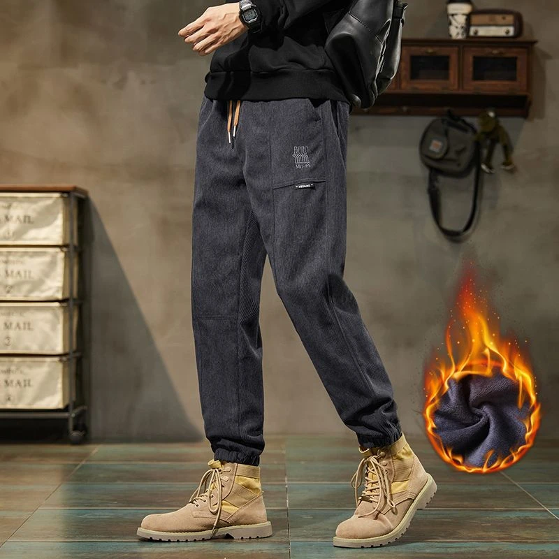 2025冬季加绒男士条绒运动卫裤条绒束脚时尚保暖舒适休闲裤