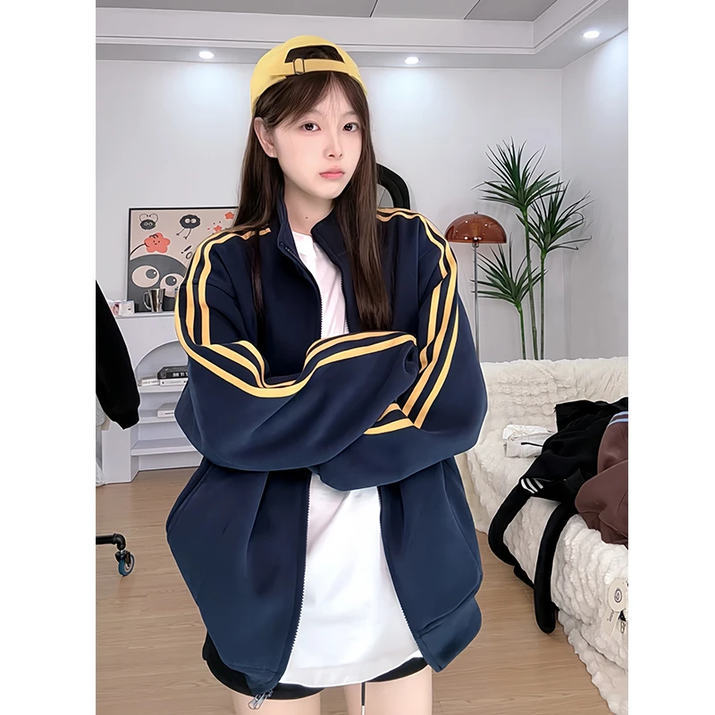 复古三条杠开衫卫衣情侣款春秋潮牌时尚休闲双头拉链设计翻领外套