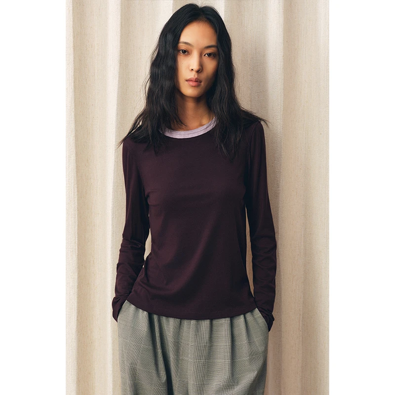 HERLAND她地【史努比】天丝绵羊毛撞色圆领长袖T恤女垂坠感打底衫