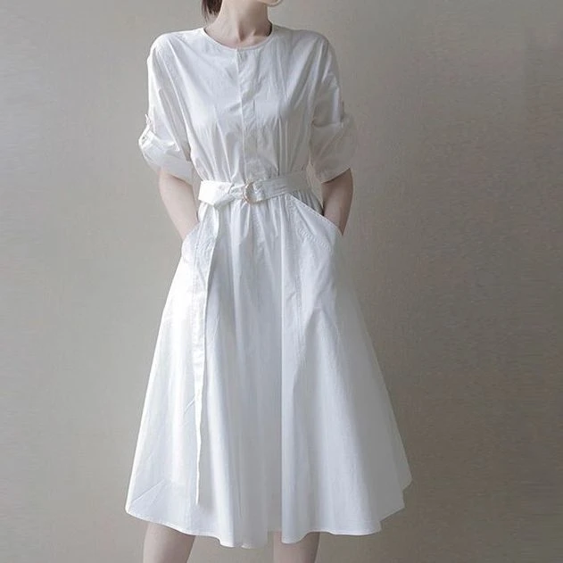 2025年新款夏季冷淡风女装高级感轻熟风御姐白色衬衫炸街连衣裙子
