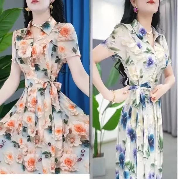 25年夏季新款时尚短袖连衣裙女气质显瘦减龄中长款印花休闲裙子