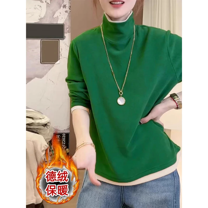 双面德绒高领减龄长袖打底衫女士春季新款洋气百搭T恤上衣ins潮