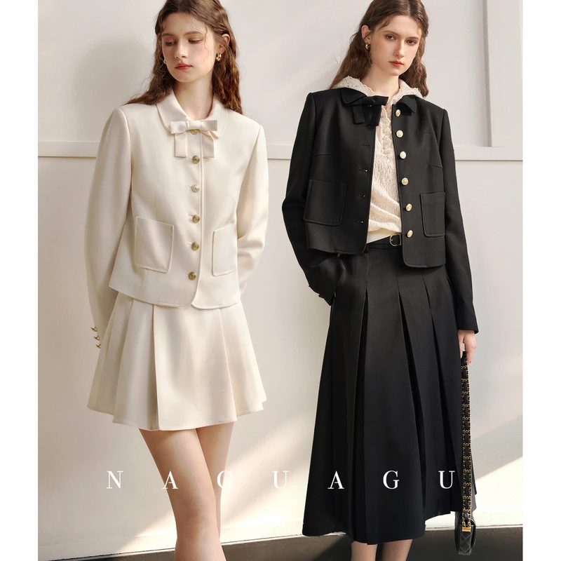 【赫本千金系列】柔韧肌理面料 蝴蝶结翻领小香风外套/长短半身裙