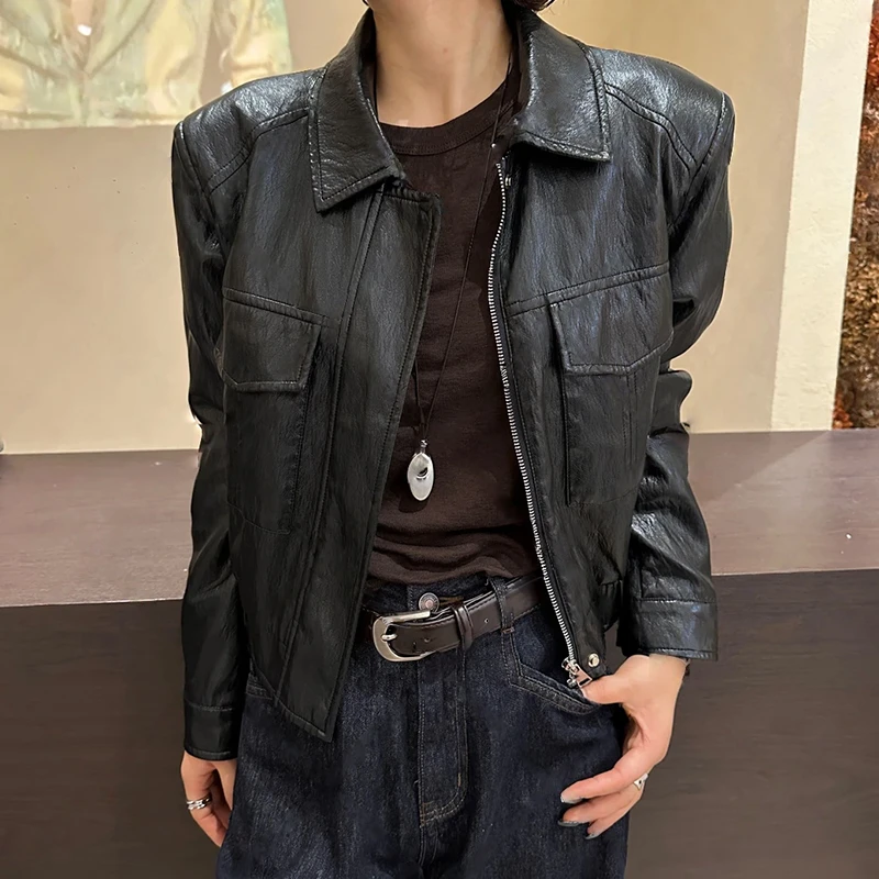 口袋长袖皮衣重工翻领皮衣女2025早秋爆款潮流百搭设计感小众上衣