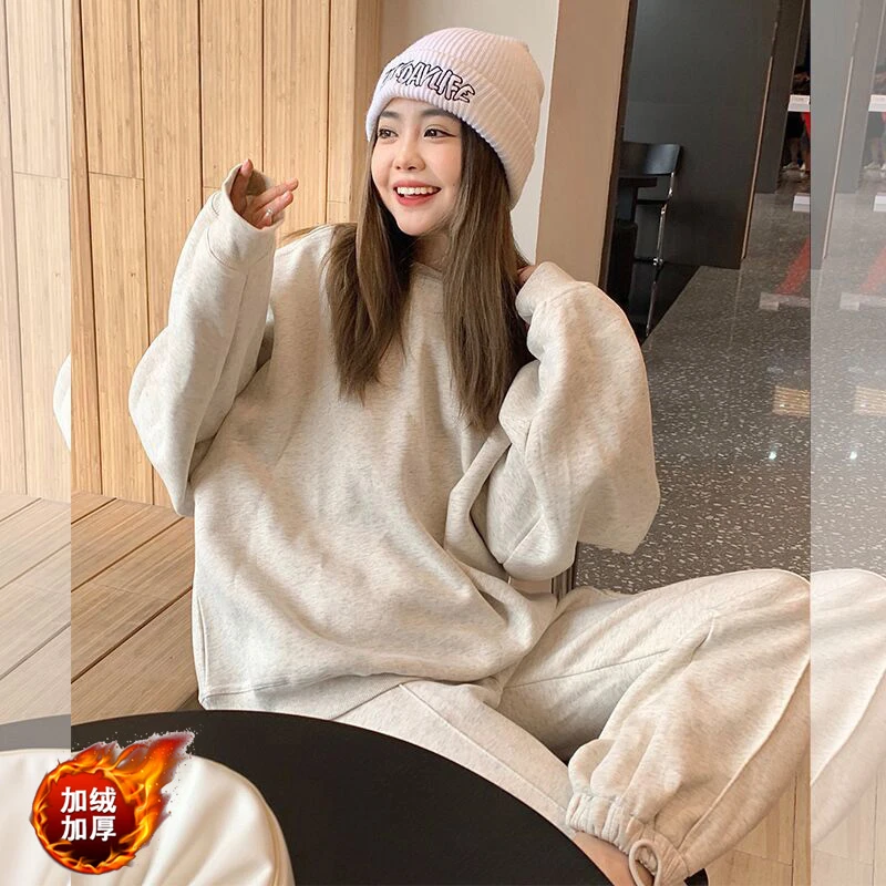 秋冬季外穿加绒加厚套装女时尚休闲简约纯色韩版学生慵懒风两件套