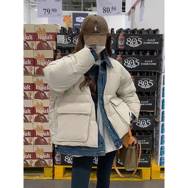 1147假两件保暖潮流韩版拼接女秋冬树脂固色棉服时尚