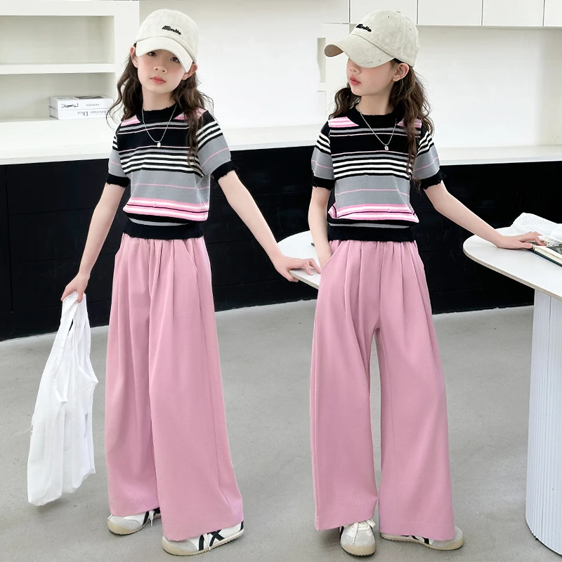 女童夏季新款2025洋气薄款中大童条纹冰丝短袖云朵垂感裤休闲套装