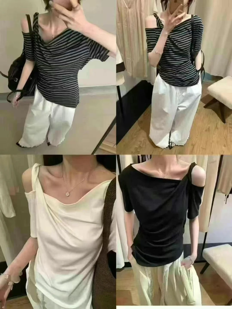 针织百搭夏季露肩杂志风条纹短袖辣妹风时尚T恤法式（No退No换）