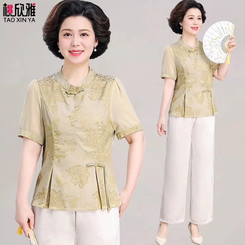 母亲节衣服新中式妈妈夏装套装中老年女夏季国风小衫短袖t恤上衣