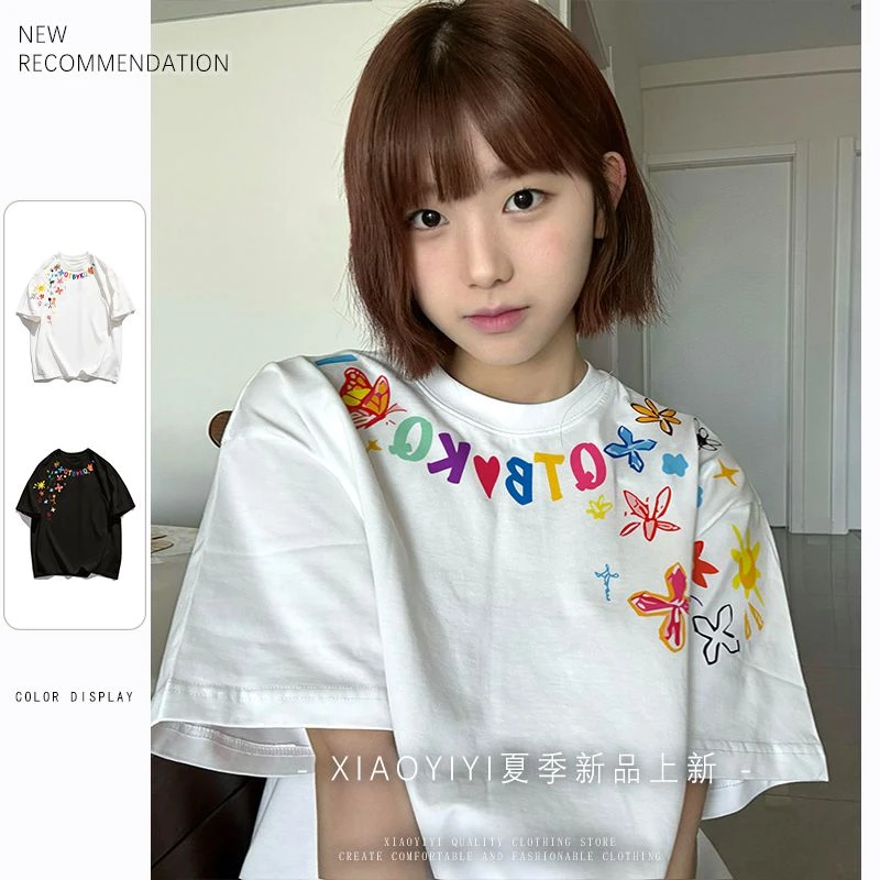 夏日多巴胺花卉设计感T恤韩版少女风休闲气质短袖上衣女#T018952