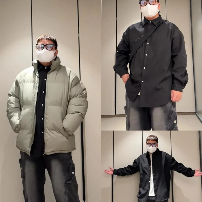 陈达浪不太胖大码男装冬新款军绿棉衣黑加绒衬衫黑牛仔裤搭配套装
