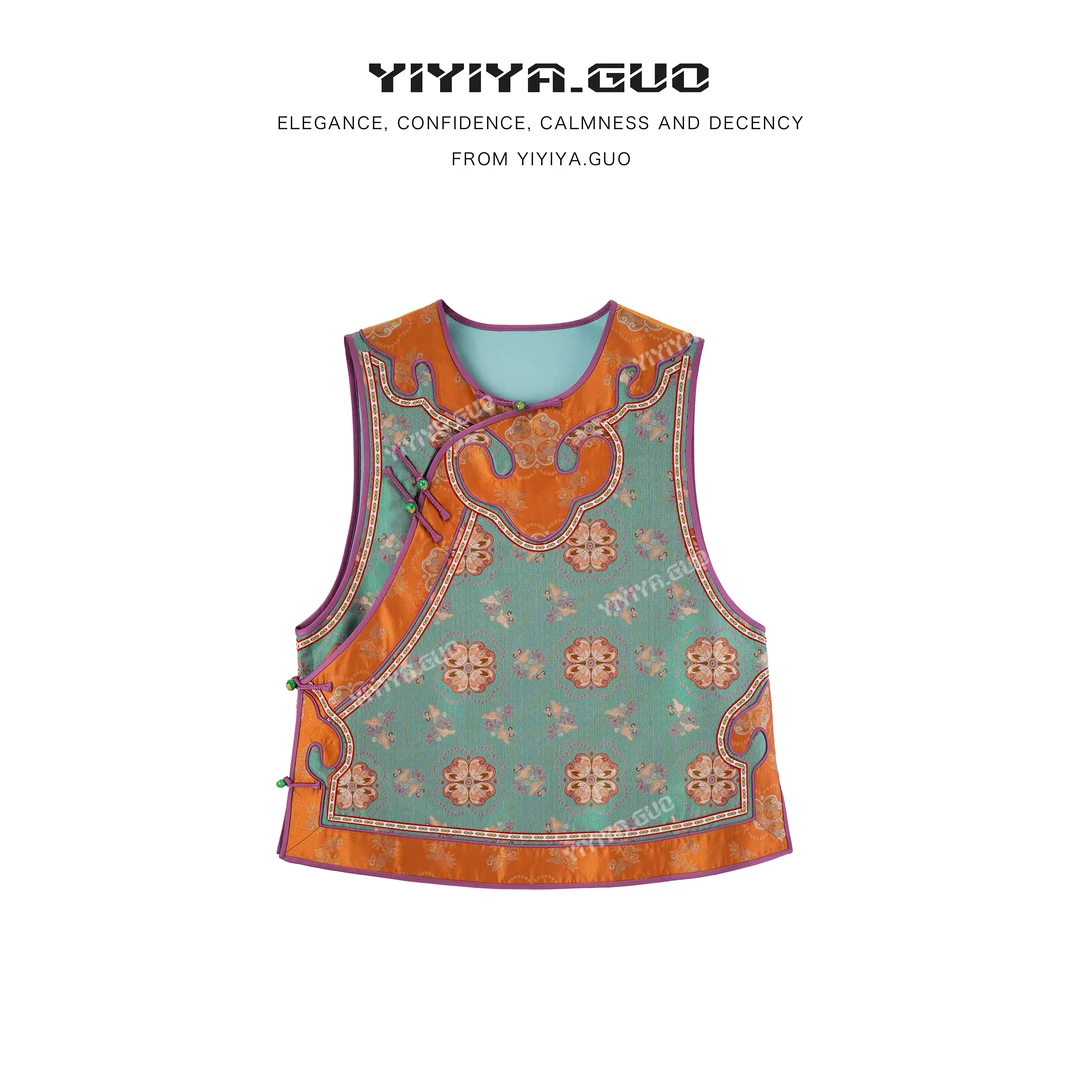 yiyiya.Guo艺艺吖新中式中国风提花奢雅肤感圆领马甲2688SS52