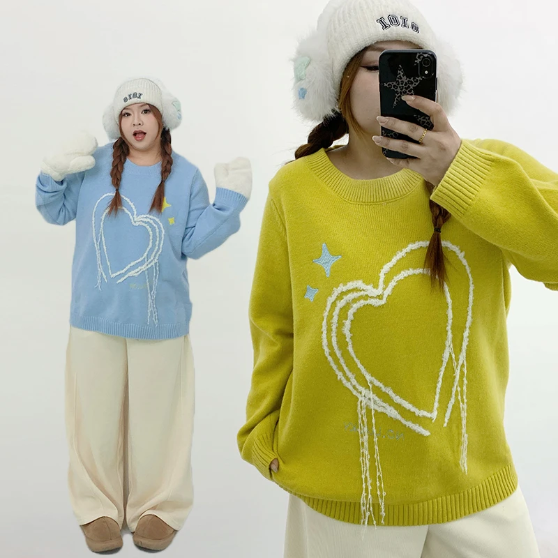Milu家大码女装秋冬季甜美减龄宽松圆领爱心毛衣胖mm显瘦软糯上衣