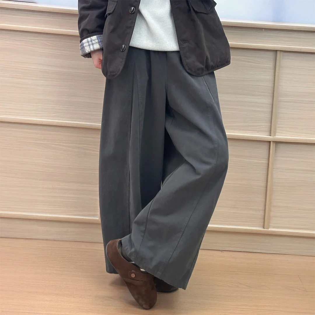 深灰色复古九分阔腿裤女秋冬加绒大码胖mm小个子慵懒风宽松气球裤