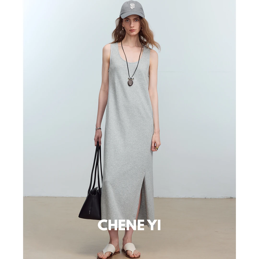 CHENE YI肯豆风凉感侧开衩舒适佰搭/通勤U领针织无袖夏季连衣裙女