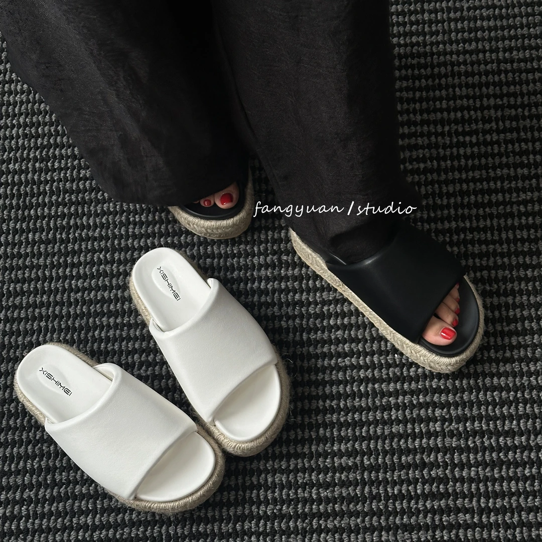 6CM厚底增高编织复古港风夏季外穿软面简约黑白一字拖鞋
