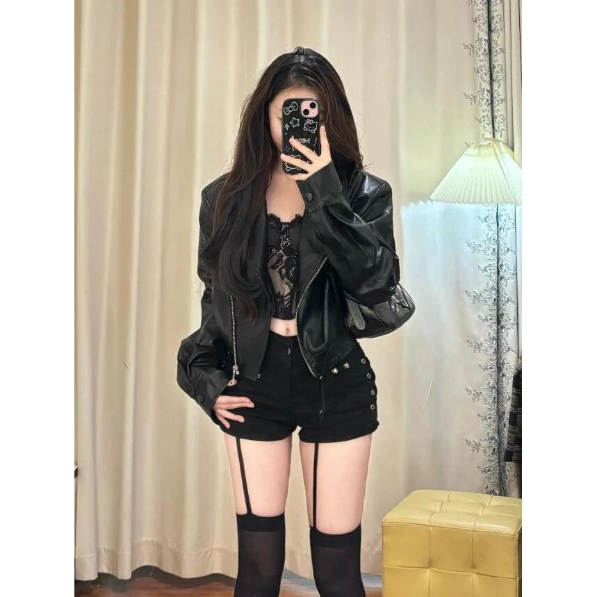 【7750人收藏】大码美式设计短款皮衣外套女春季新款修身夹