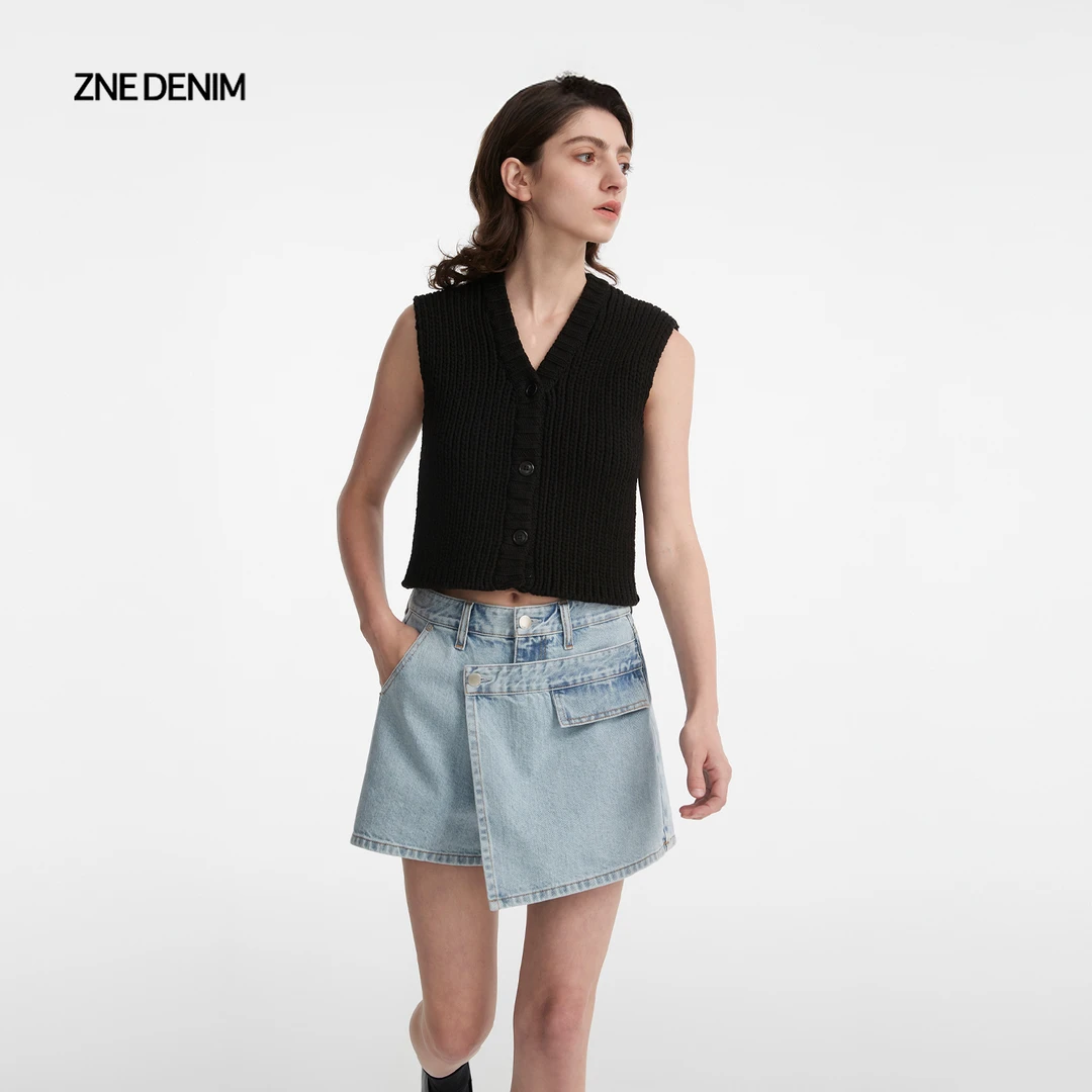 ZNE高腰水洗质感浅蓝色挺括设计感假两件牛仔短裙裤865