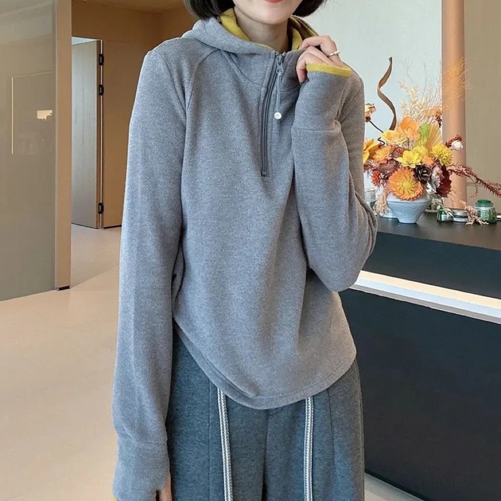 设计感撞色双面德绒连帽卫衣女冬季半拉链叠穿内搭打底衫加厚上衣
