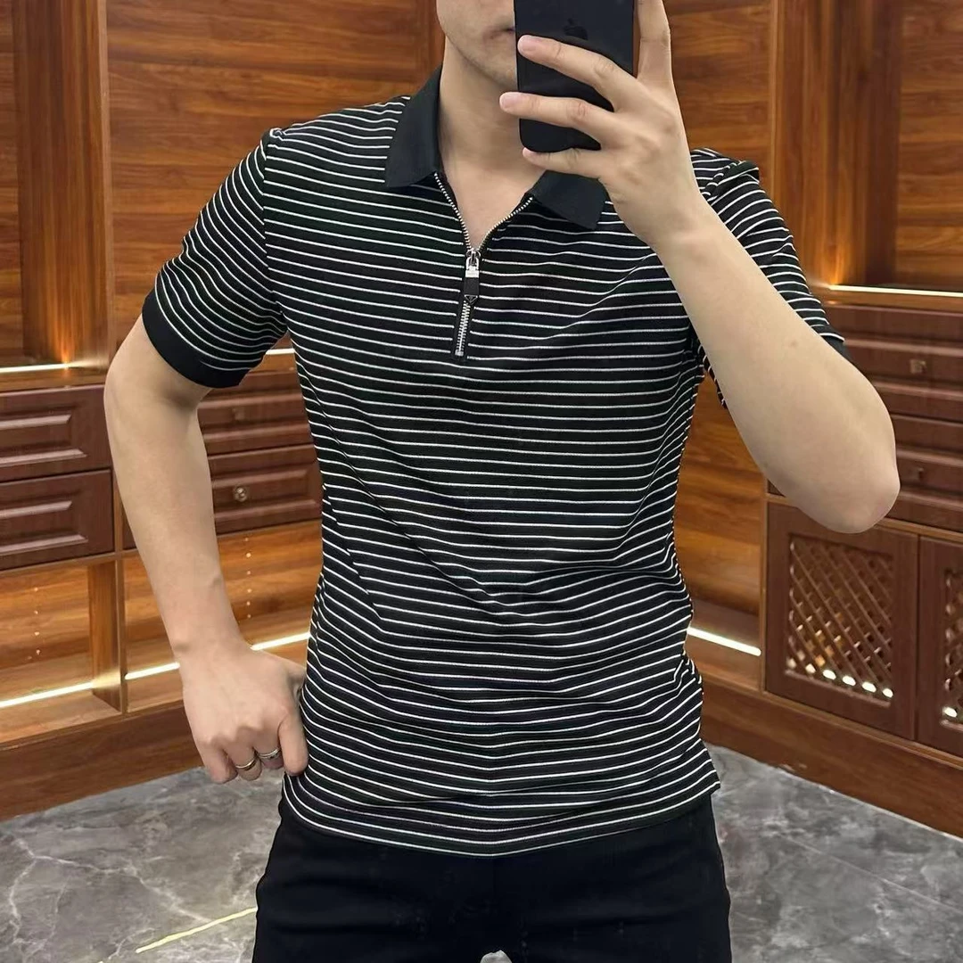 夏季薄款条纹短袖弹力拉链polo杉休闲男士翻领透气时尚百搭半袖