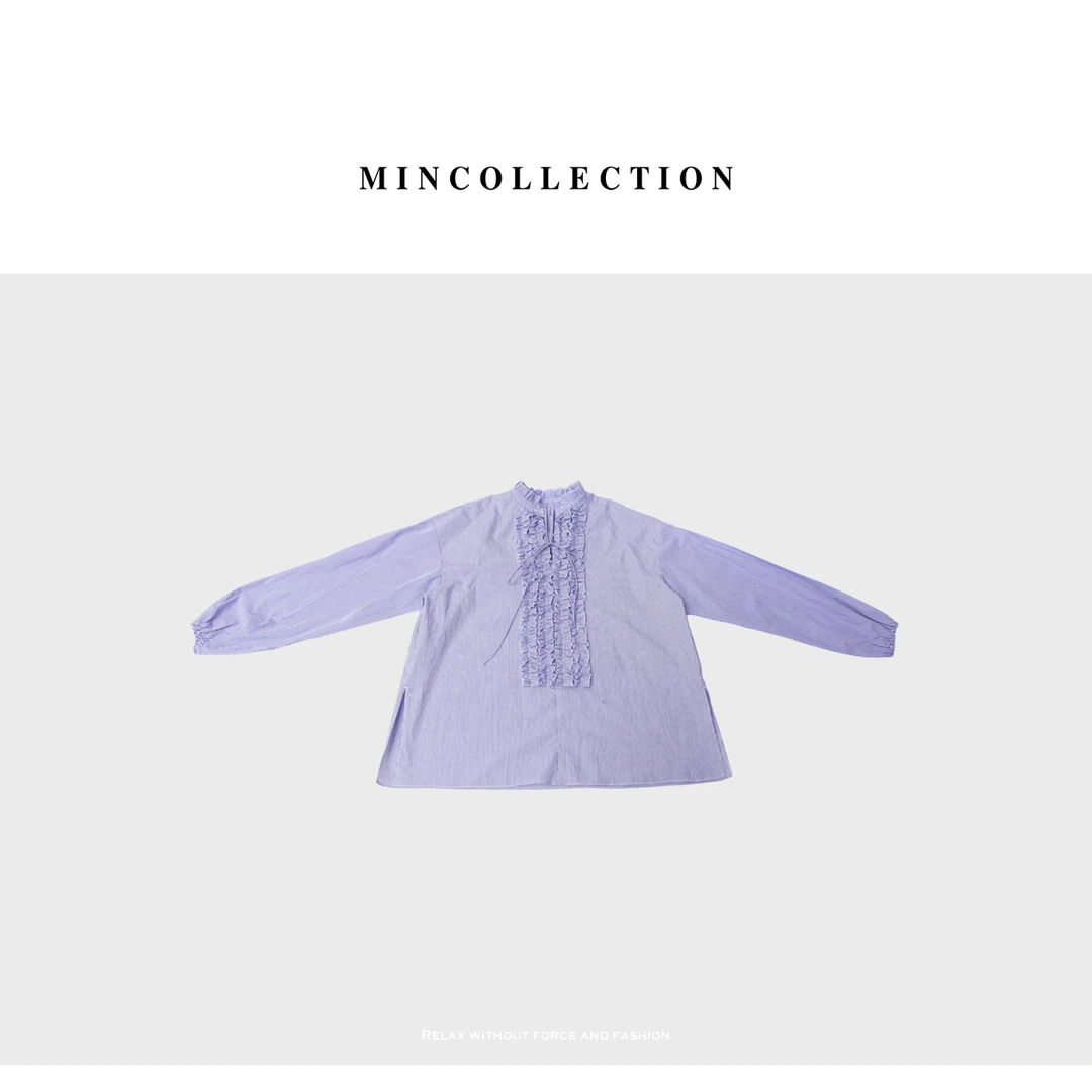 DE Mincollection荷叶边衬衫/法式木耳花边细条纹全棉衬衫40049