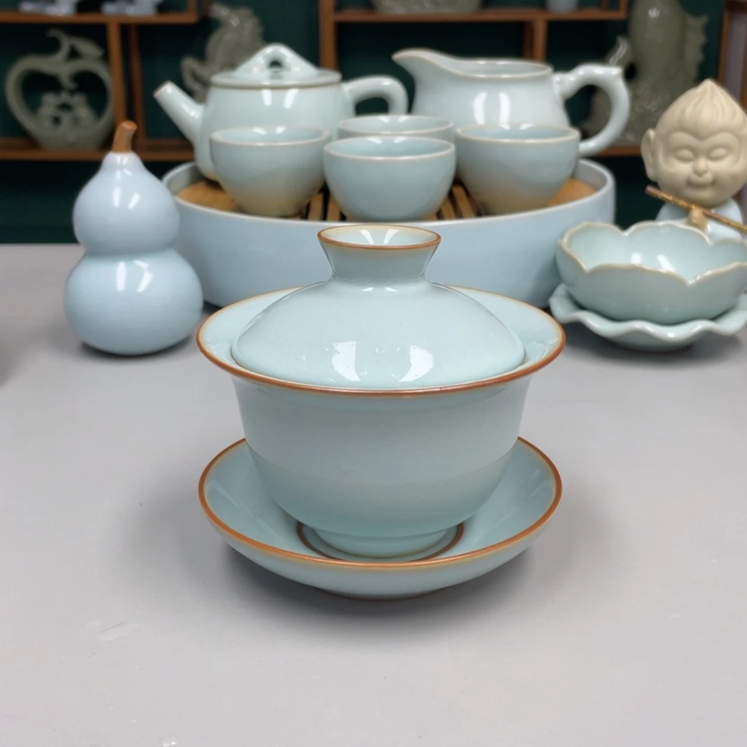 瓷三才元宝盖碗微瑕