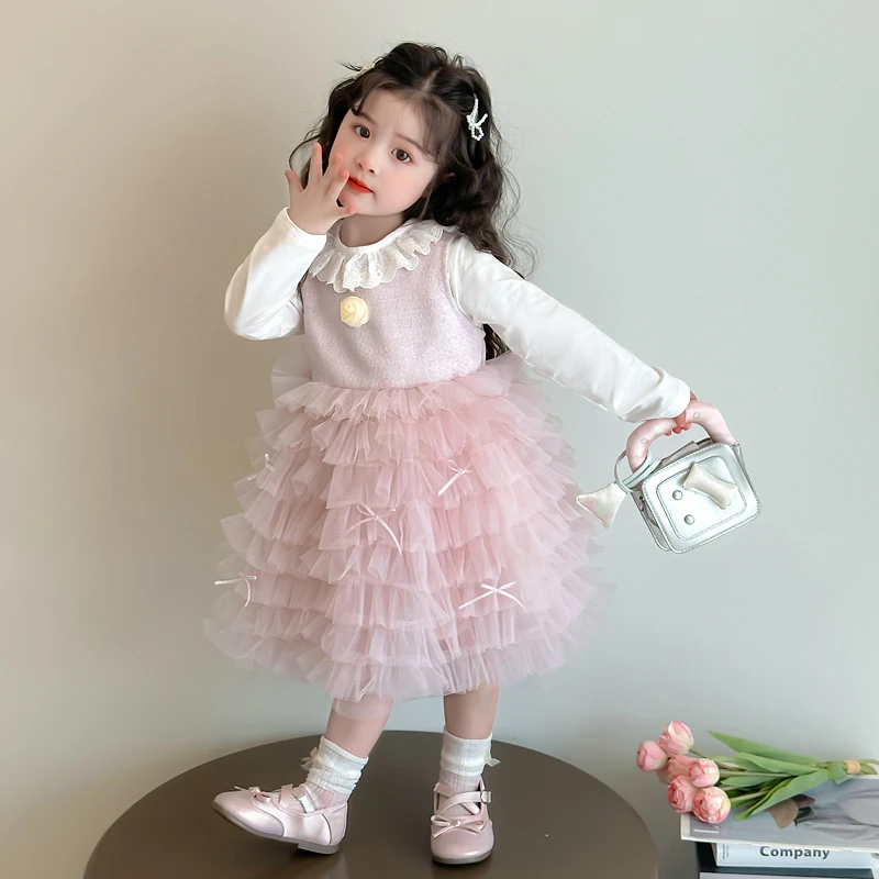 女童套装裙秋装2025新款儿童韩版网纱蛋糕裙打底衫洋气女孩背心裙