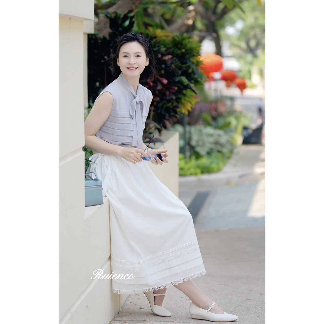 RuienCo. 匆匆那年 亚麻棉抽褶镂空系带夏浪漫灵动百褶半裙
